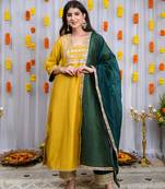 Mustard and green silk kurta set