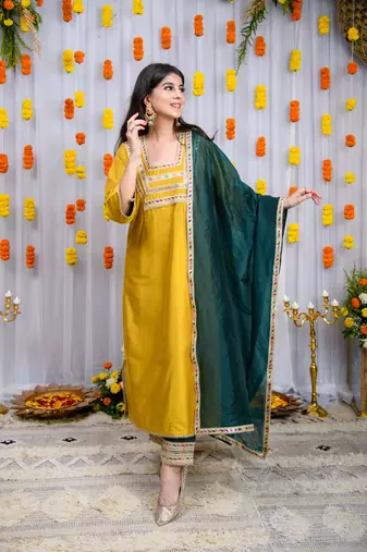 Mustard and green silk kurta set