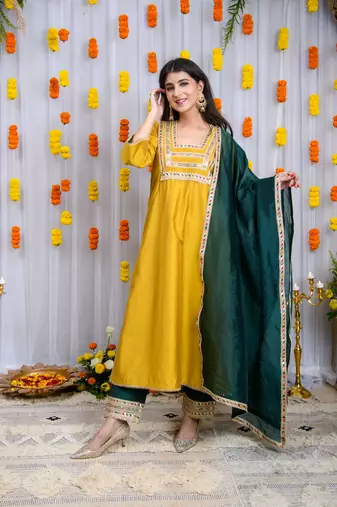 Mustard and green silk kurta set