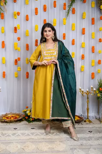 Mustard and green silk kurta set