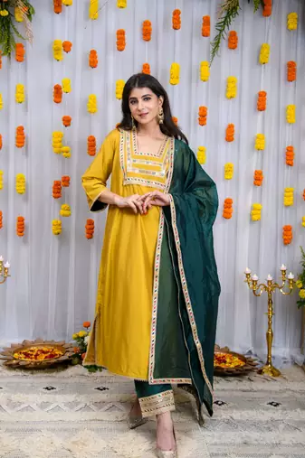 Mustard and green silk kurta set