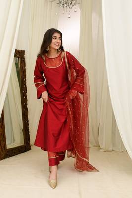 Maroon silk aline kurta set 1