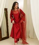 Maroon silk aline kurta set