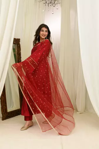 Maroon silk aline kurta set