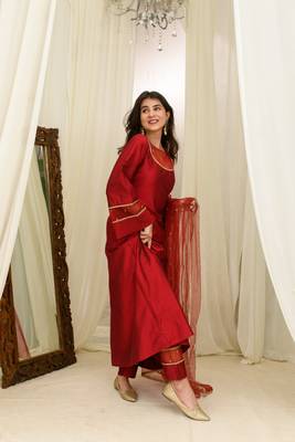 Maroon silk aline kurta set 3