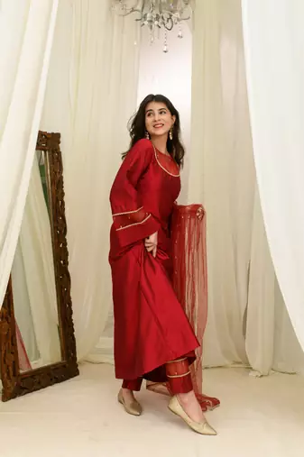 Maroon silk aline kurta set