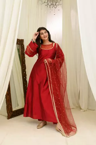 Maroon silk aline kurta set