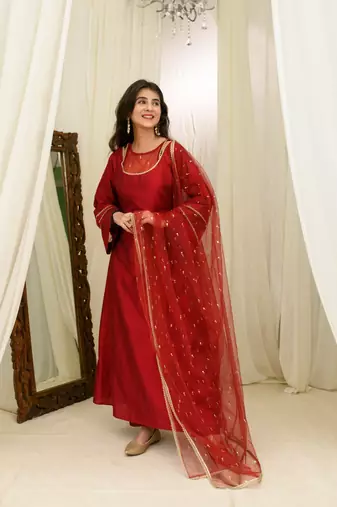 Maroon silk aline kurta set