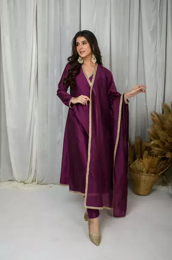 Wine silk overlap kurta set