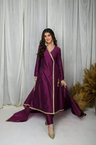 Wine silk overlap kurta set