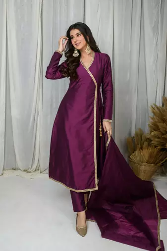 Wine silk overlap kurta set