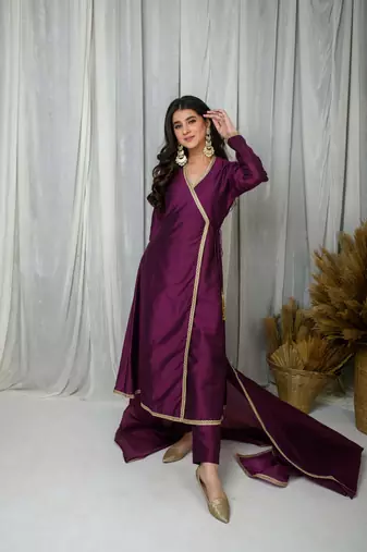 Wine silk overlap kurta set