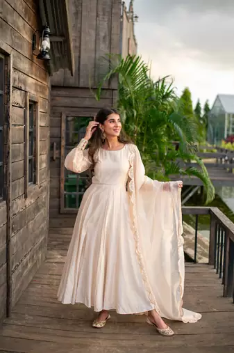 Beige chanderi anarkali set