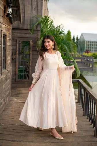 Beige chanderi anarkali set