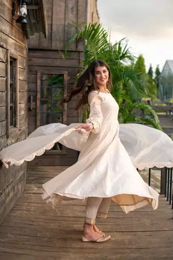 Beige chanderi anarkali set