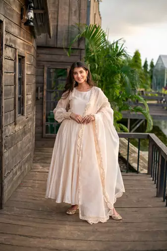 Beige chanderi anarkali set