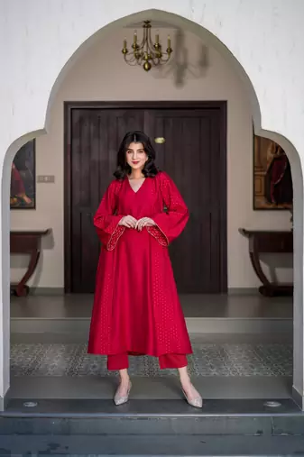 Red and gold chanderi kurta set