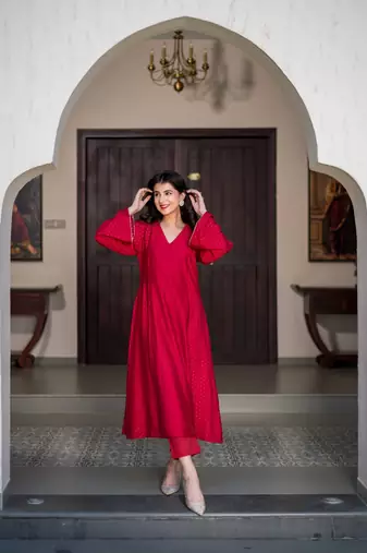 Red and gold chanderi kurta set