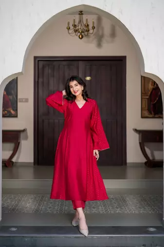 Red and gold chanderi kurta set