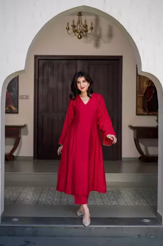 Red and gold chanderi kurta set