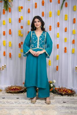 Teal blue organza kurta set 1