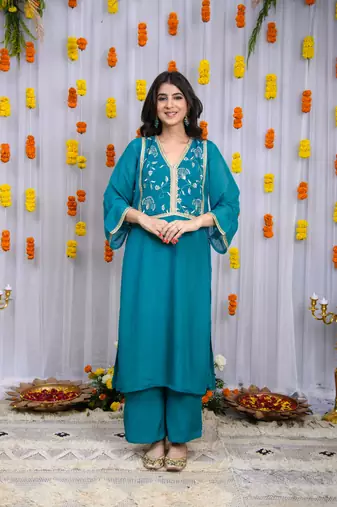 Teal blue organza kurta set