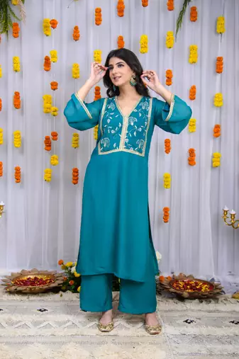 Teal blue organza kurta set