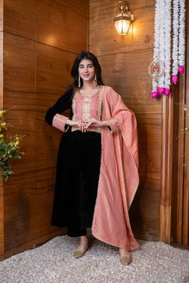 Velvet black heavy neck work kurta set 1