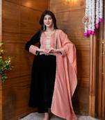 Velvet black heavy neck work kurta set