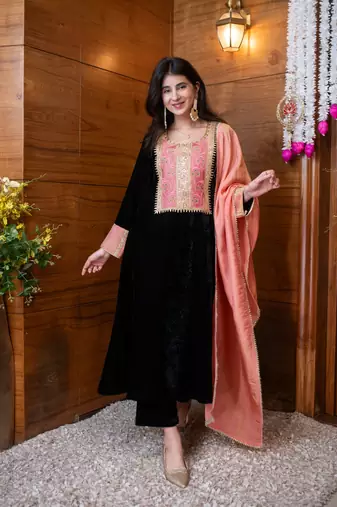 Velvet black heavy neck work kurta set