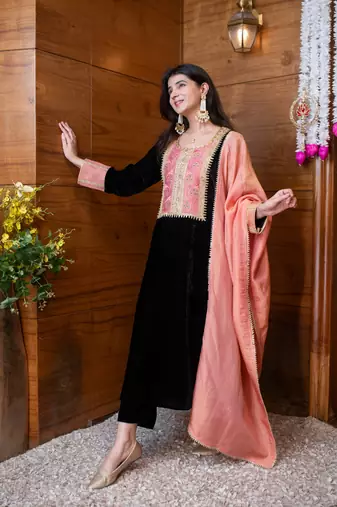 Velvet black heavy neck work kurta set