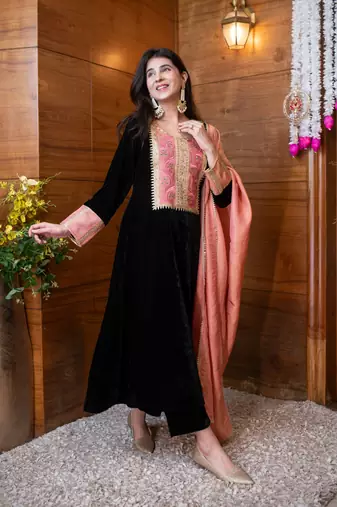 Velvet black heavy neck work kurta set