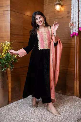 Velvet black heavy neck work kurta set