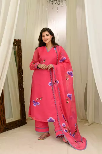 Dark pink hand painted kurta set