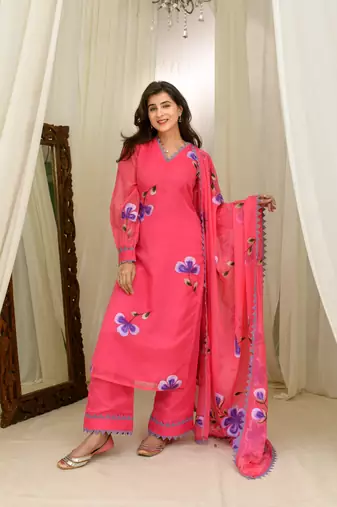 Dark pink hand painted kurta set