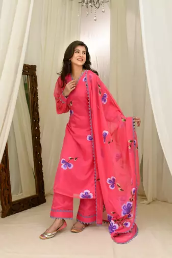 Dark pink hand painted kurta set