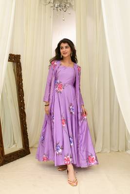 Light purple chanderi hand painted anarkali with jacket 1