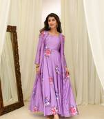 Light purple chanderi hand painted anarkali with jacket