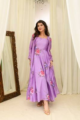 Light purple chanderi hand painted anarkali with jacket 2