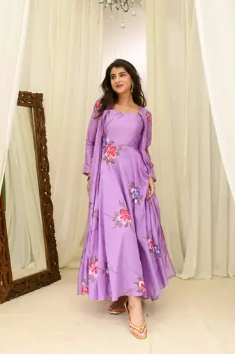 Light purple chanderi hand painted anarkali with jacket