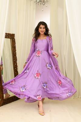 Light purple chanderi hand painted anarkali with jacket 4