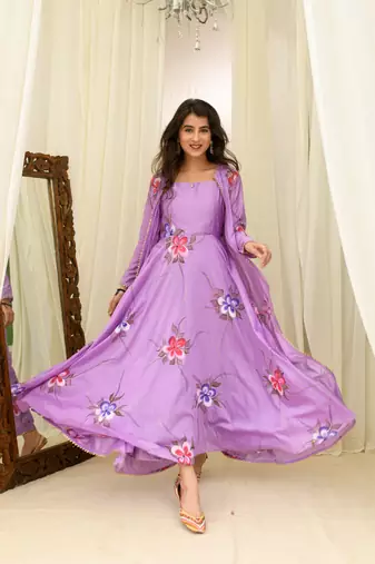 Light purple chanderi hand painted anarkali with jacket