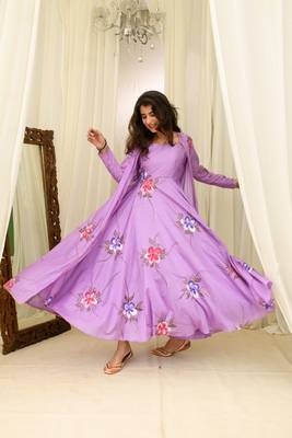 Light purple chanderi hand painted anarkali with jacket 5