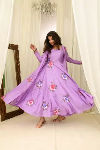 Light purple chanderi hand painted anarkali with jacket