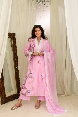 Pink chanderi hand painted kurta 1