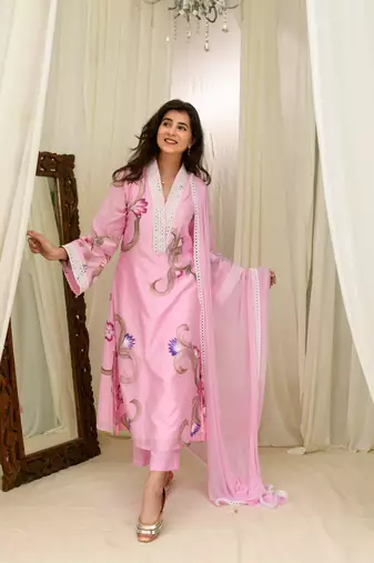 Pink chanderi hand painted kurta
