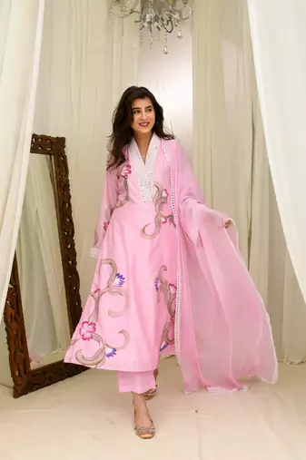 Pink chanderi hand painted kurta
