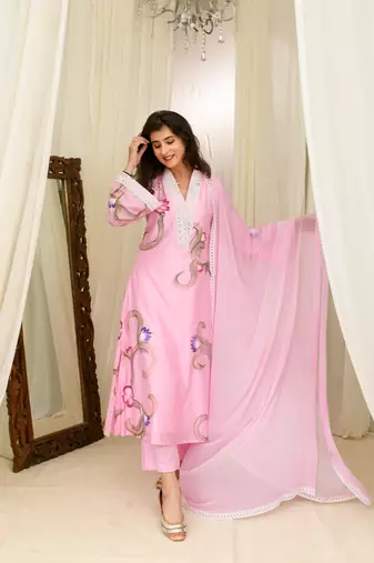 Pink chanderi hand painted kurta