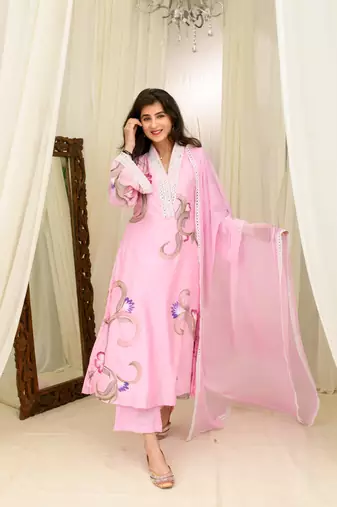 Pink chanderi hand painted kurta