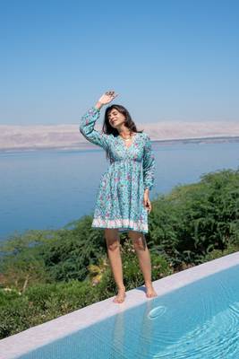 Sea green self embroidered cotton printed short dress 1